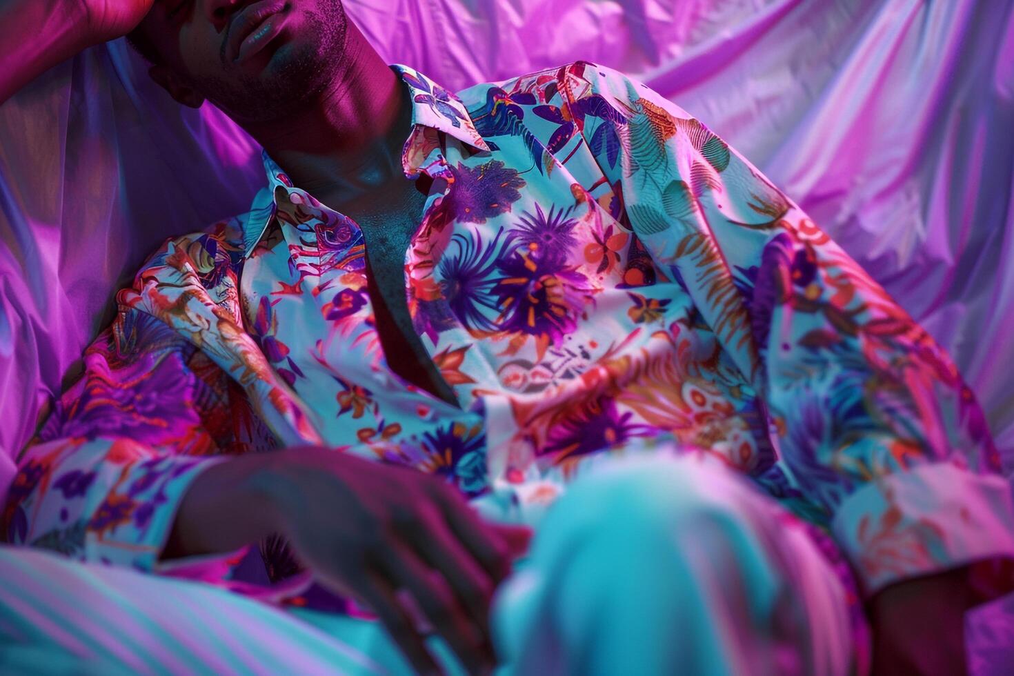 elegant male model in a costume outfit with abstract patterns and a lavender background featuring a fashionable portrait and an upscale lifestyle photo