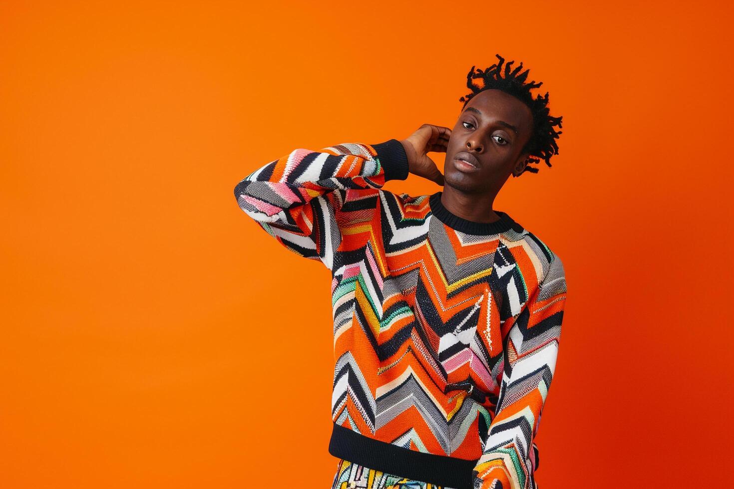 Stylish male model in a stateMalet sweater with graphic print and a bright orange background highlighting a trendy portrait and a vibrant lifestyle photo