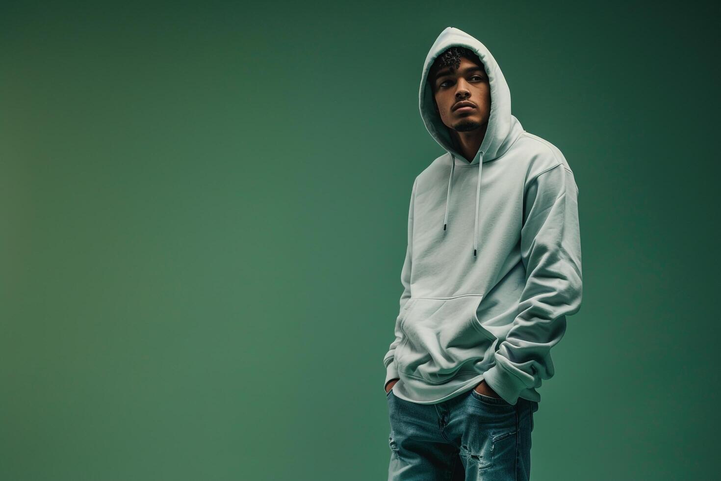 Soft Green Relaxed Hoodie and Jeans Trendy portrait with Lifestyle Background Fashionable Males Apparel photo