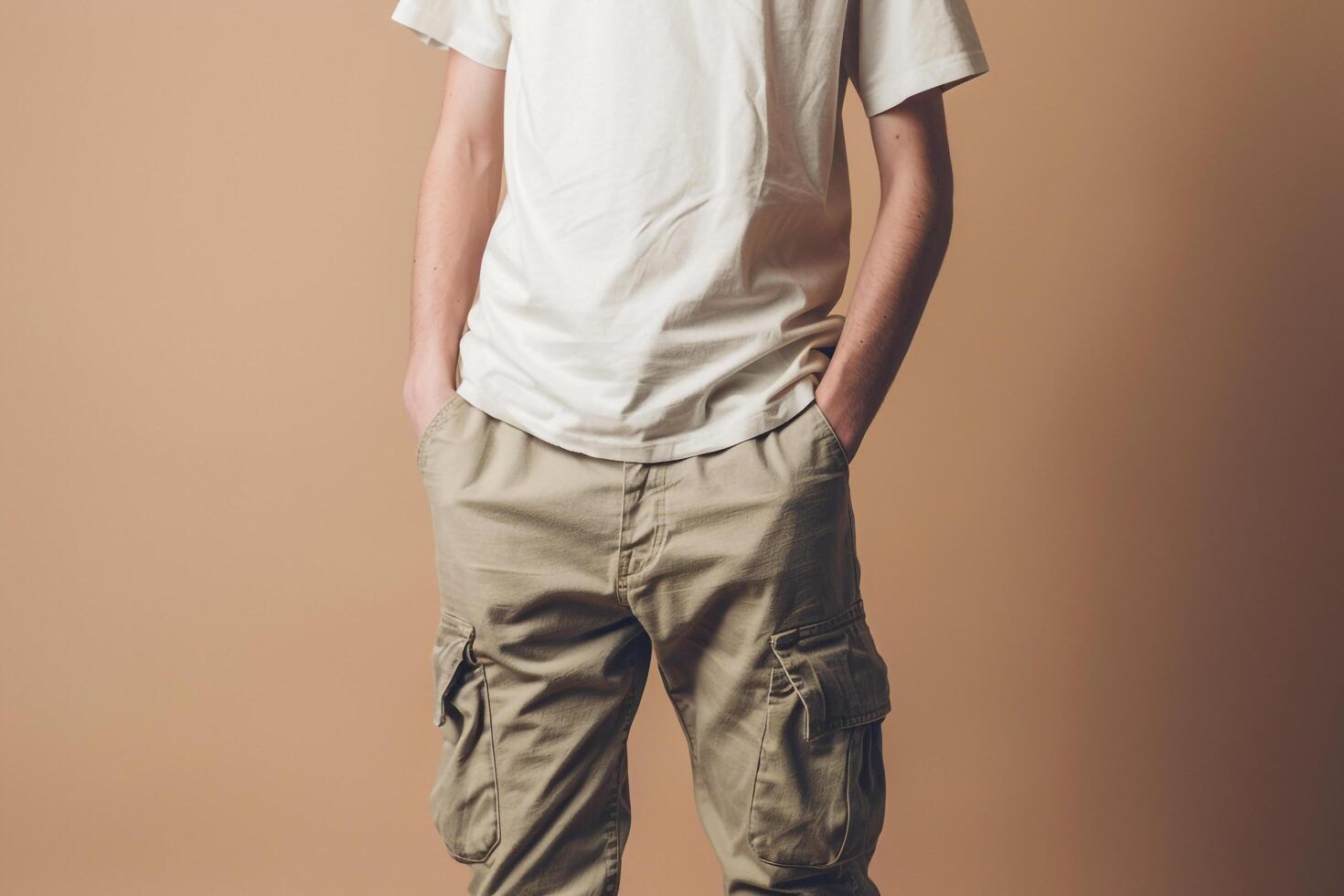 Light Brown Relaxed Cargo pants and T Shirt on Trendy Male Model Fashion portrait with Lifestyle Background photo