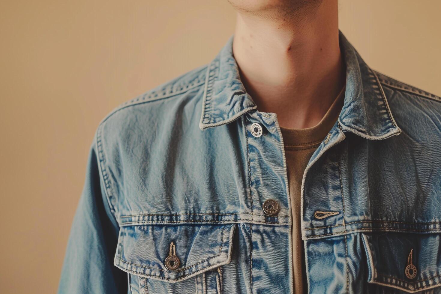 Soft Beige Casual Denim Shirt on Handsome Male Model Stylish Fashion portrait with Trendy Lifestyle Background photo