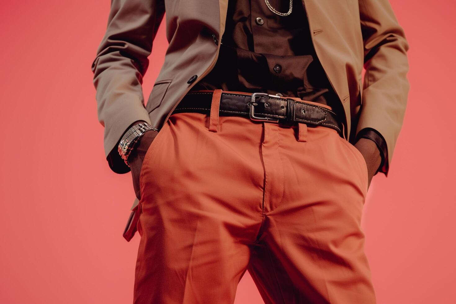 Coral pink Blazer with Stylish Accessories on Handsome Male Model Trendy Fashion portrait with Lifestyle Background photo