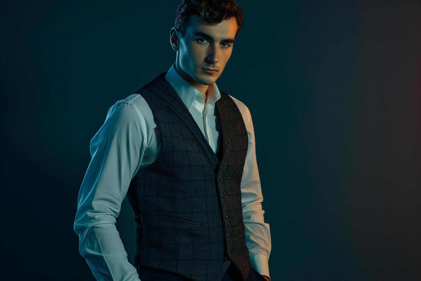 Deep Navy Stylish Wool Vest on Handsome Male Model Trendy Fashion portrait with Lifestyle Background photo