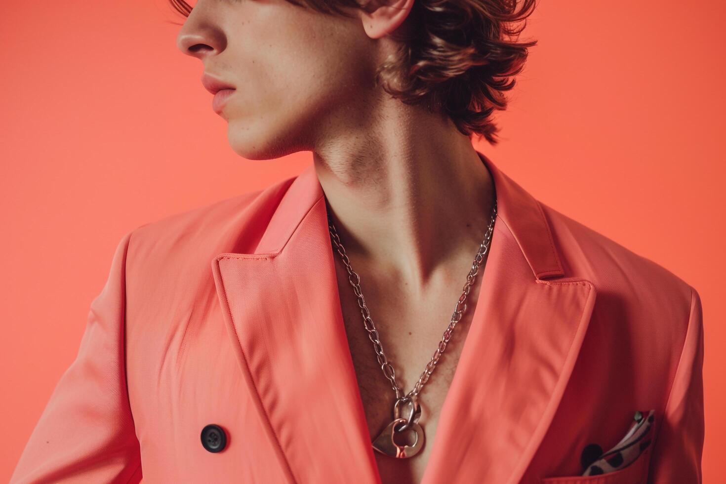 Stylish Accessories and Coral pink Blazer on Handsome Male Model Fashionable portrait with Trendy Lifestyle Background photo