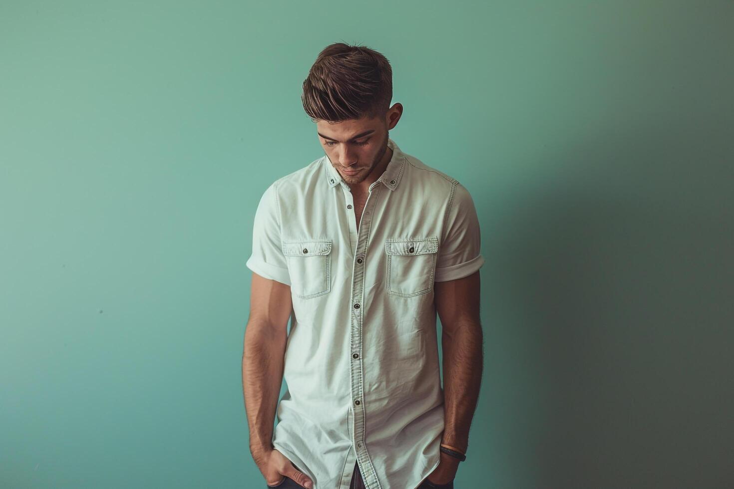 Casual Button Up in Soft Aqua on a fashionable male model set against a lifestyle background showcasing relaxed and modern Males fashion style photo