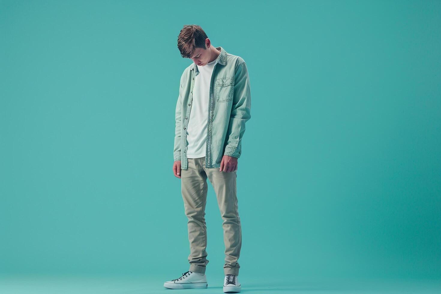 Soft Aqua Casual Button Up worn by a handsome male model featured in a lifestyle portrait focusing on modern and casual Males fashion style photo