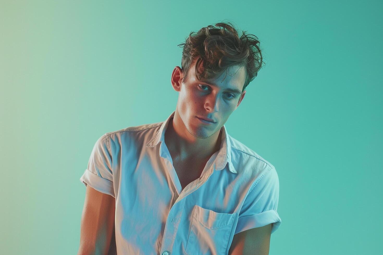 Fashionable Casual Button Up in Soft Aqua on a male model shown in a relaxed lifestyle background highlighting contemporary and comfortable Males fashion photo
