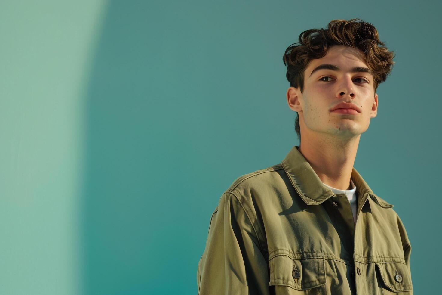 Stylish male model in Soft Aqua Casual Button Up captured in a relaxed lifestyle portrait focusing on contemporary and laid back Males fashion trends photo