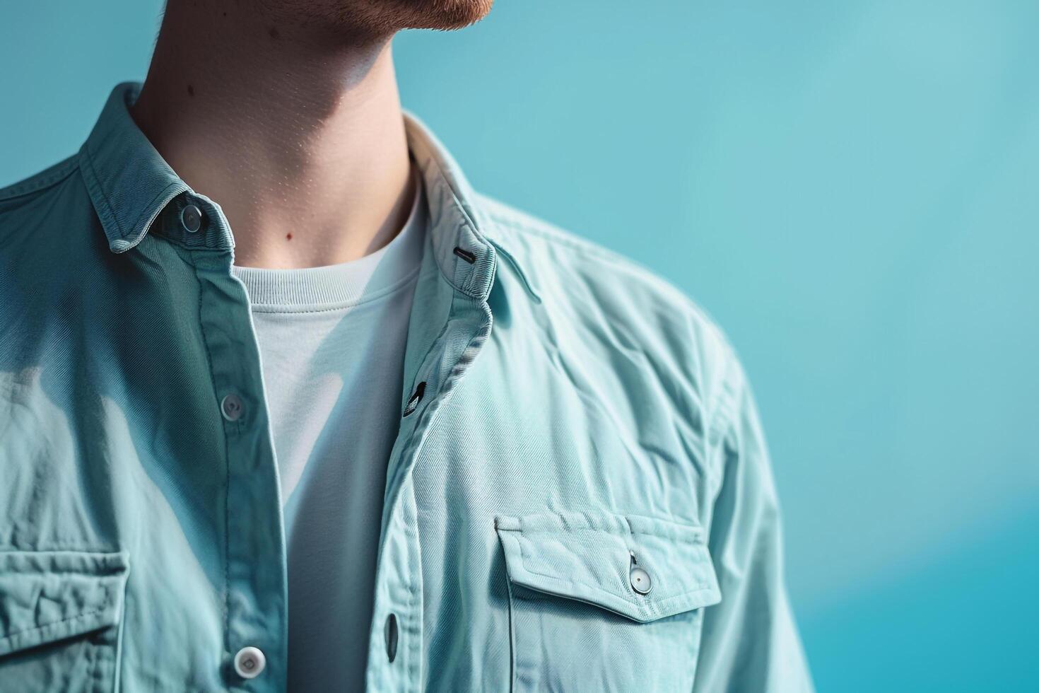Casual Button Up in Soft Aqua on a stylish male model set in a relaxed lifestyle background highlighting modern and comfortable Males fashion style photo