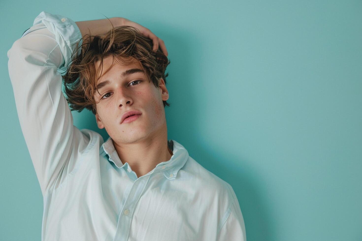 Trendy Soft Aqua Casual Button Up on a male model captured in a relaxed lifestyle portrait focusing on modern and comfortable Males fashion choices photo