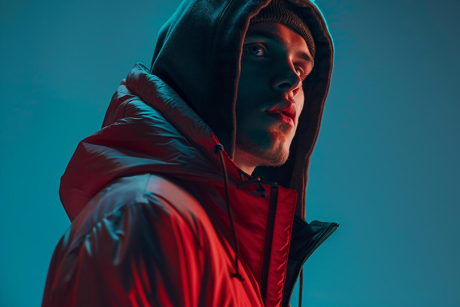 Fashionable male model in Arctic Blue Casual Outfit with Hoodie captured in a relaxed lifestyle portrait emphasizing contemporary and casual Males fashion photo