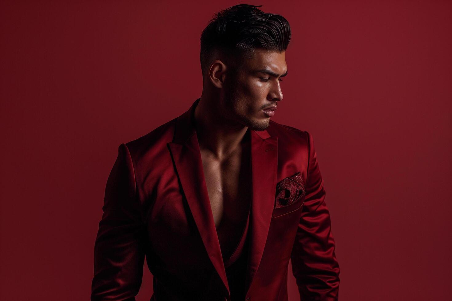 Couture Blazer in Burgundy worn by a male model depicted in a lifestyle portrait emphasizing high fashion and sophisticated Males style photo