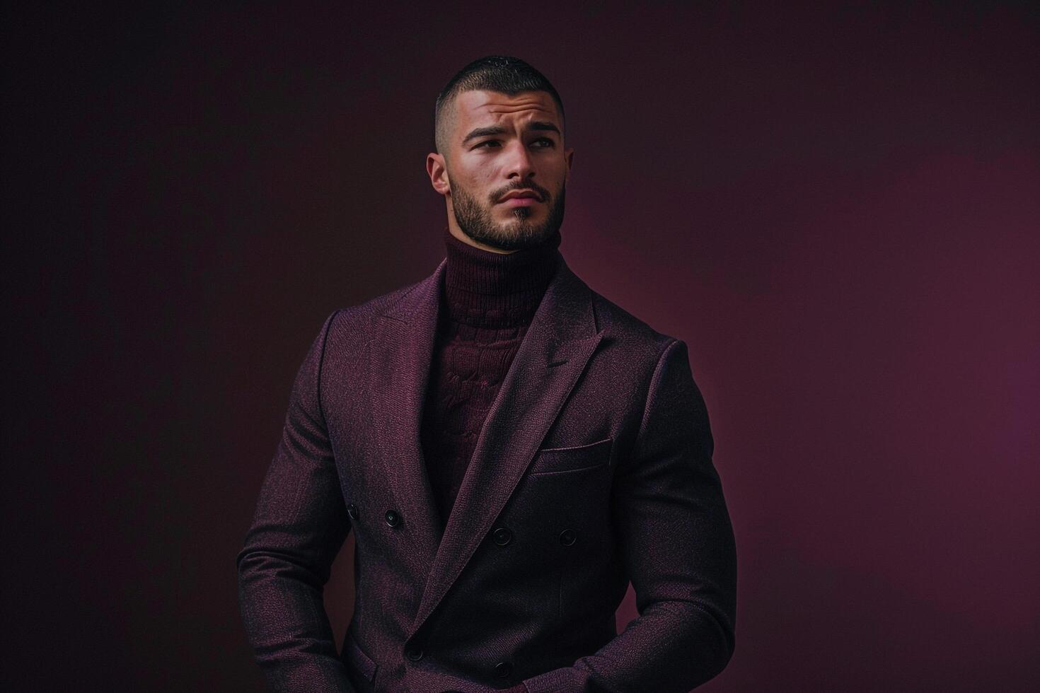 Couture Blazer in Rich plum on a stylish male model set against a chic lifestyle background emphasizing high fashion and sophisticated Males style photo