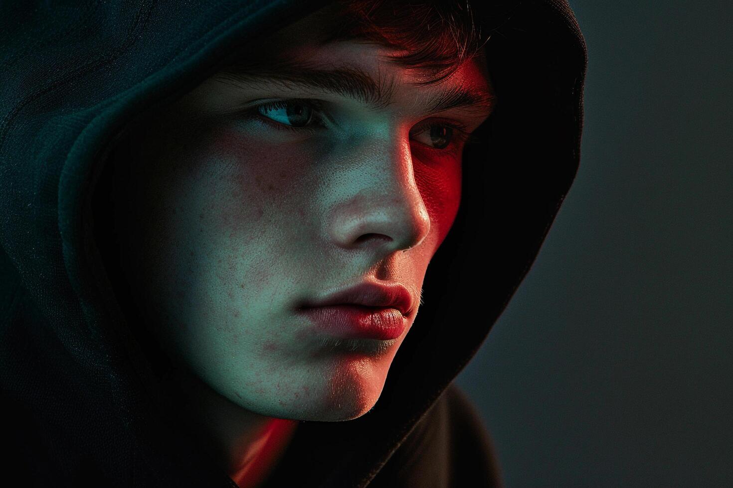 Modern male fashion model in a Hoodie with Dark Grey background showcasing a laid back lifestyle portrait of trendy Males fashion photo