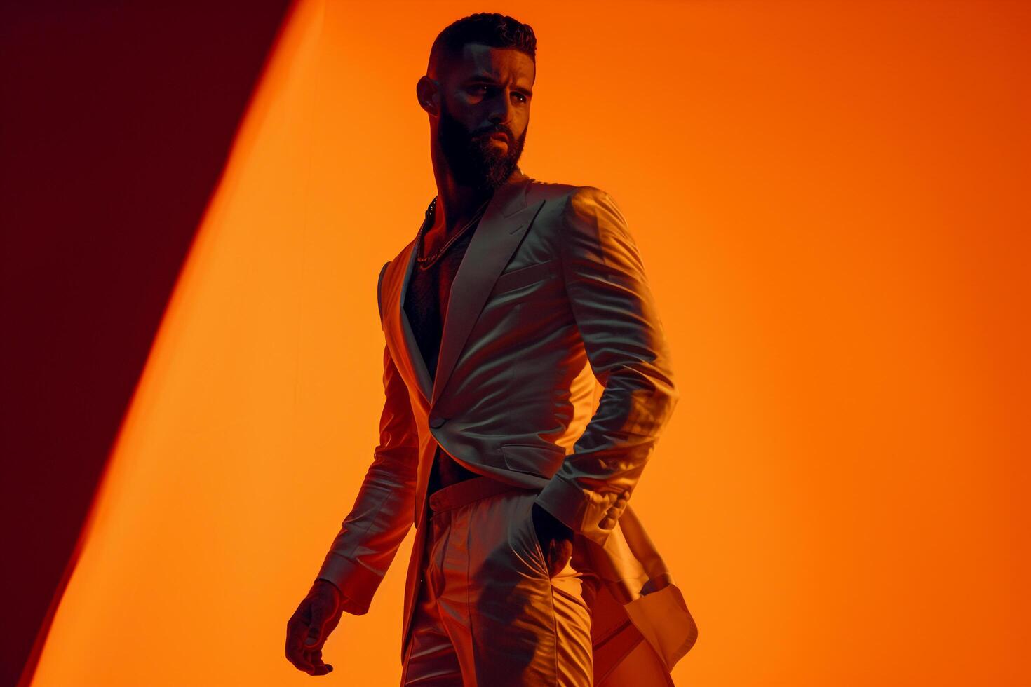 Modern male fashion model in a Casual Outfit with Sunset Orange background featuring a relaxed lifestyle portrait of contemporary Males style photo