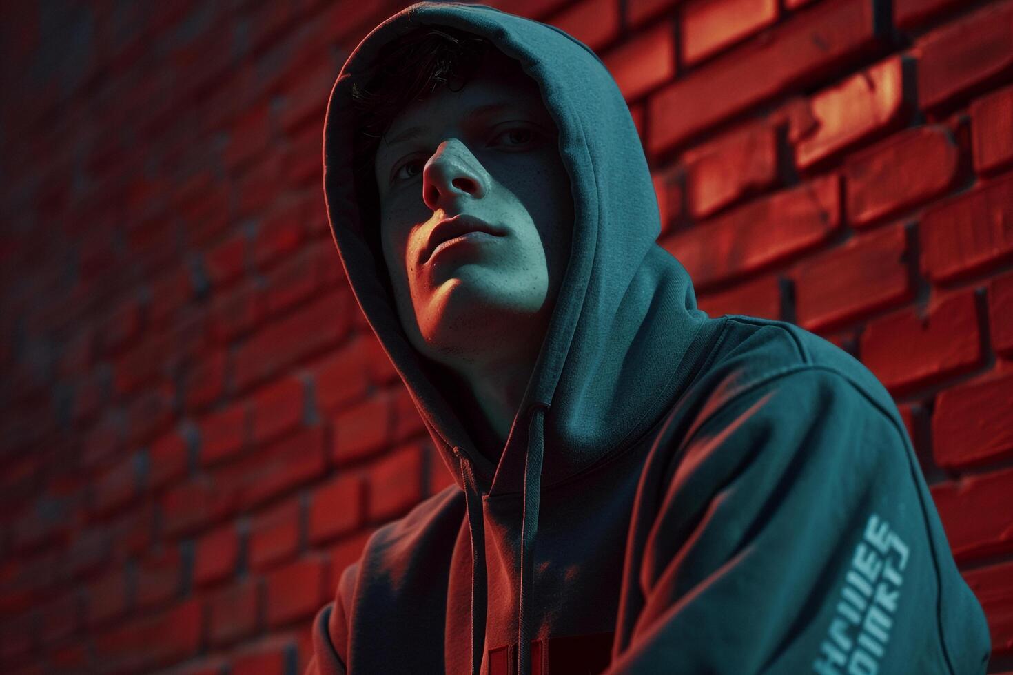 Chic male model in a Hoodie with Brick Red background showcasing a stylish lifestyle portrait of modern Males fashion photo