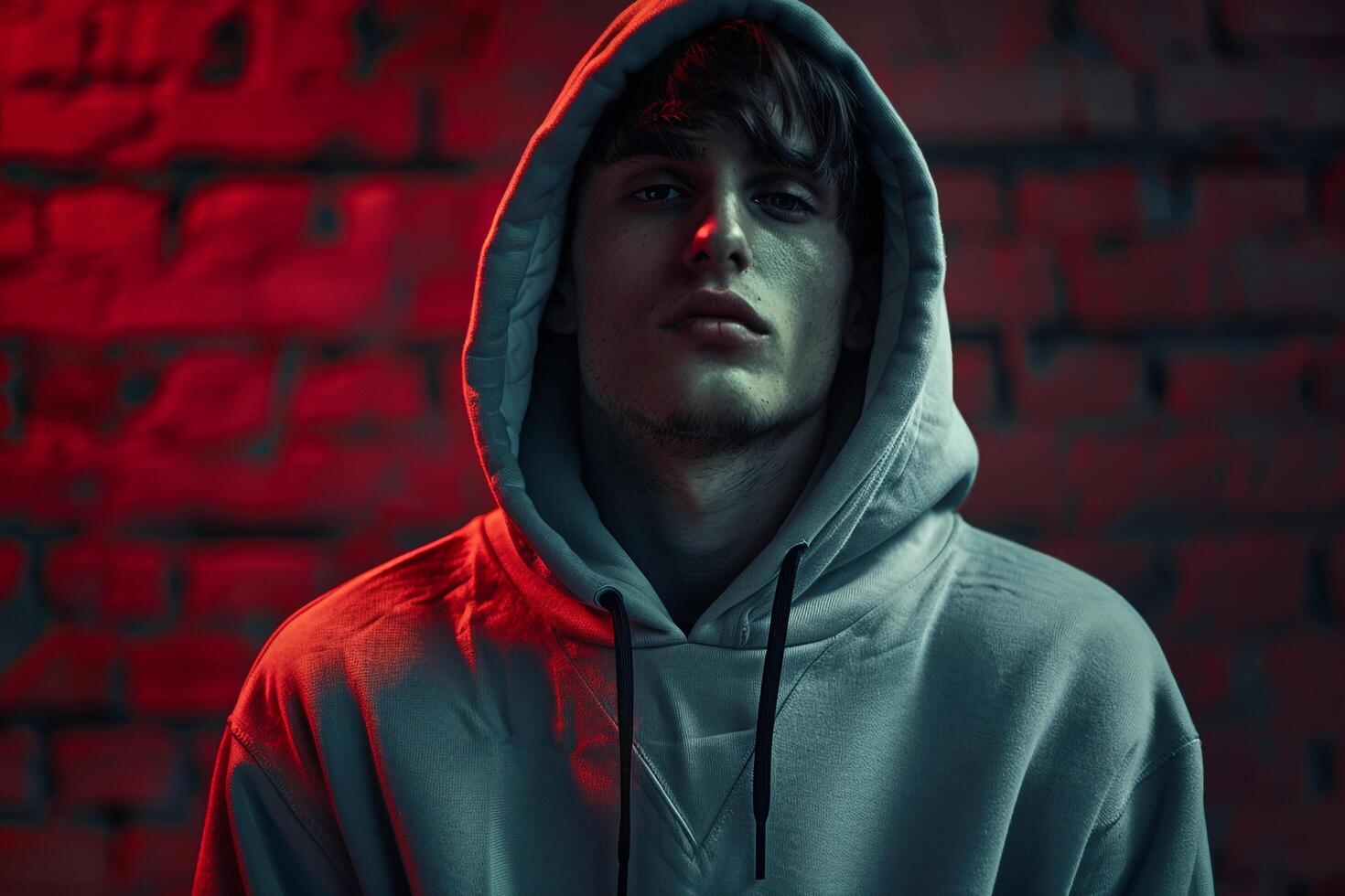 Trendy male fashion model in a Hoodie with Brick Red background offering a stylish lifestyle portrait of contemporary Males attire photo