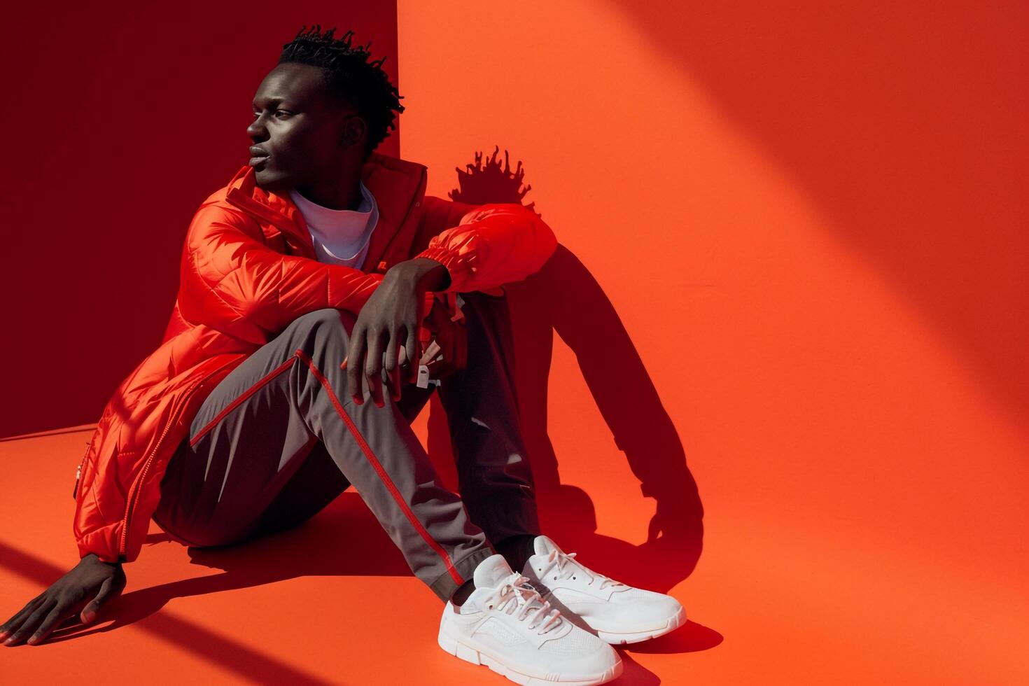 Chic male fashion model in a Sporty Look with Accessories and Fiery Red background offering a stylish lifestyle portrait of contemporary Males attire photo