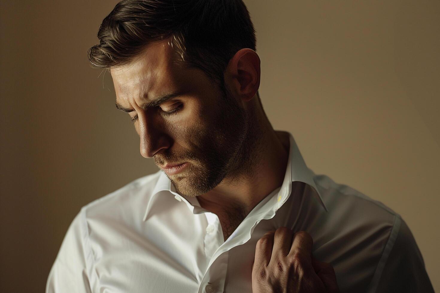Trendy male model in a Dress Shirt with French Cuffs and Light Taupe background presenting a sophisticated lifestyle portrait of classic Males style photo