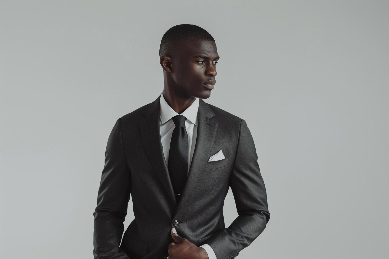 Refined male model in a Classic Suit with pocket Square and Light Grey background offering a sophisticated lifestyle portrait of high end Males fashion photo