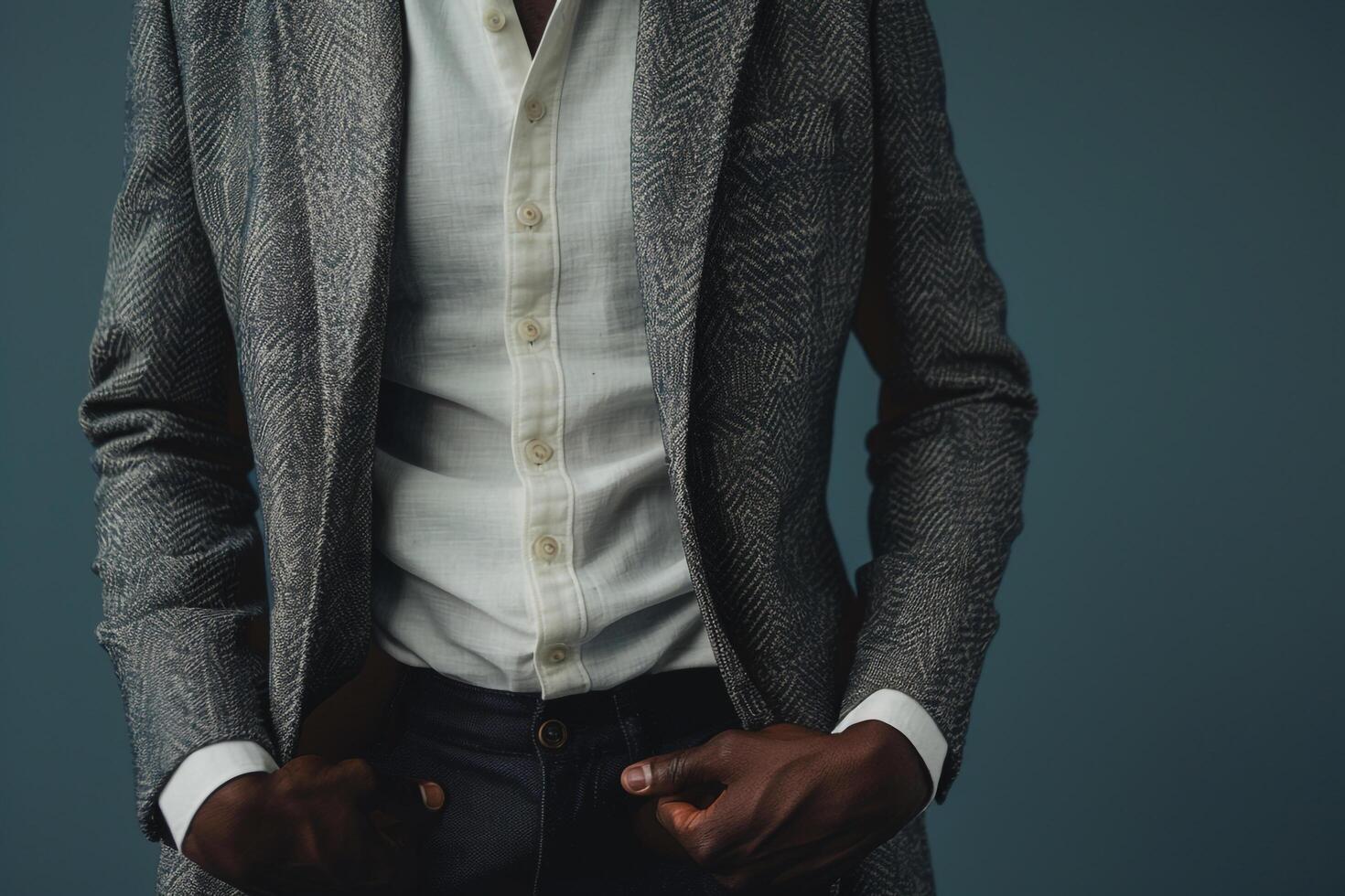 Fashionable male fashion model in Blazer with Dusty Blue background featuring a trendy and stylish lifestyle portrait of contemporary Males fashion photo