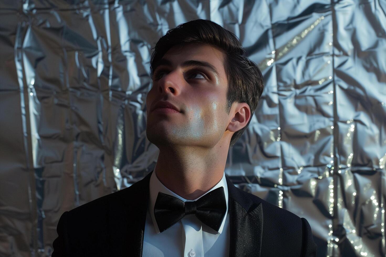 Sophisticated male fashion model in evening Wear with Bow Tie and Metallic Silver background showcasing a refined lifestyle portrait of upscale Males attire photo