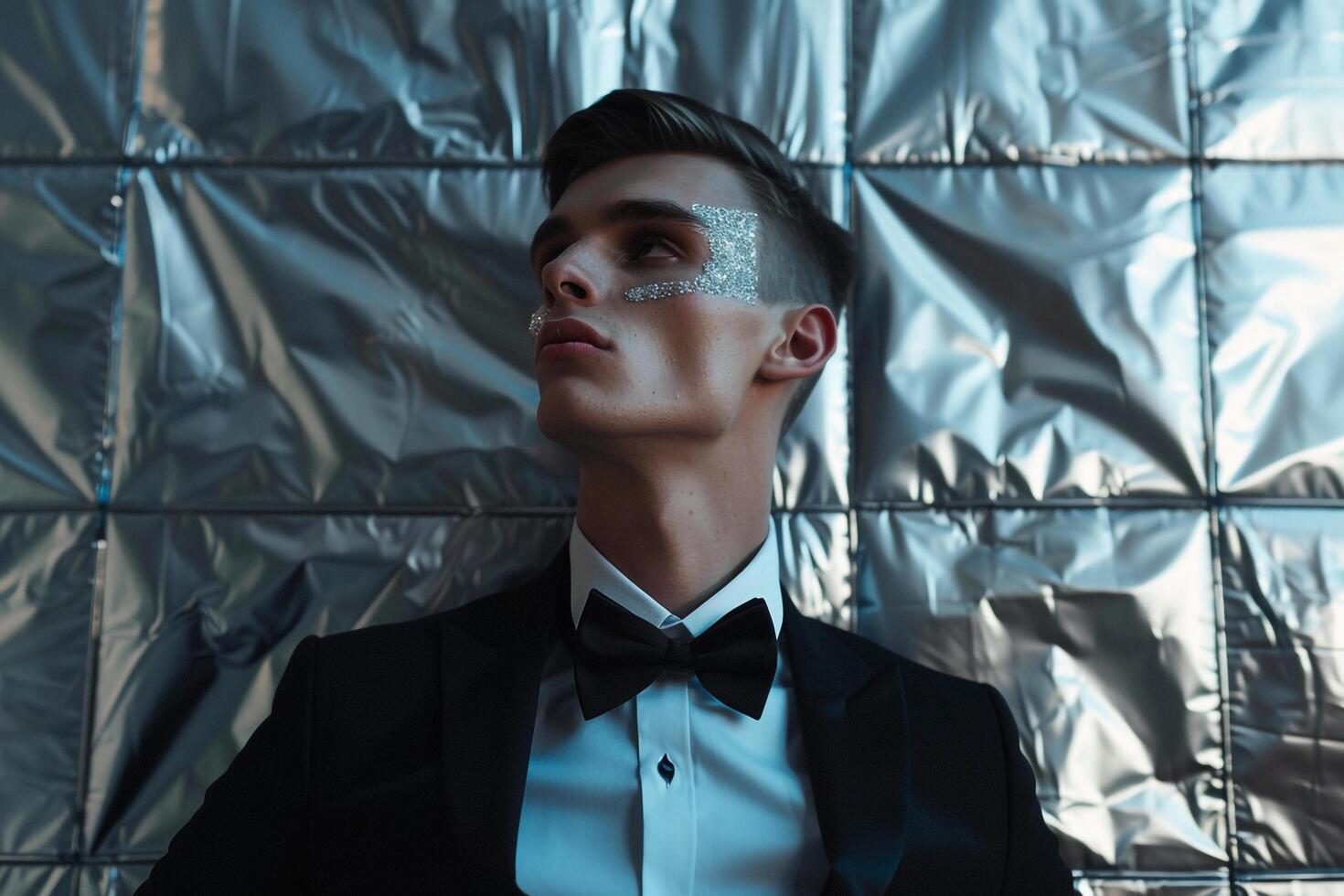 elegant male fashion model in evening Wear with Bow Tie and Metallic Silver background featuring a chic lifestyle portrait of modern refined Males fashion photo