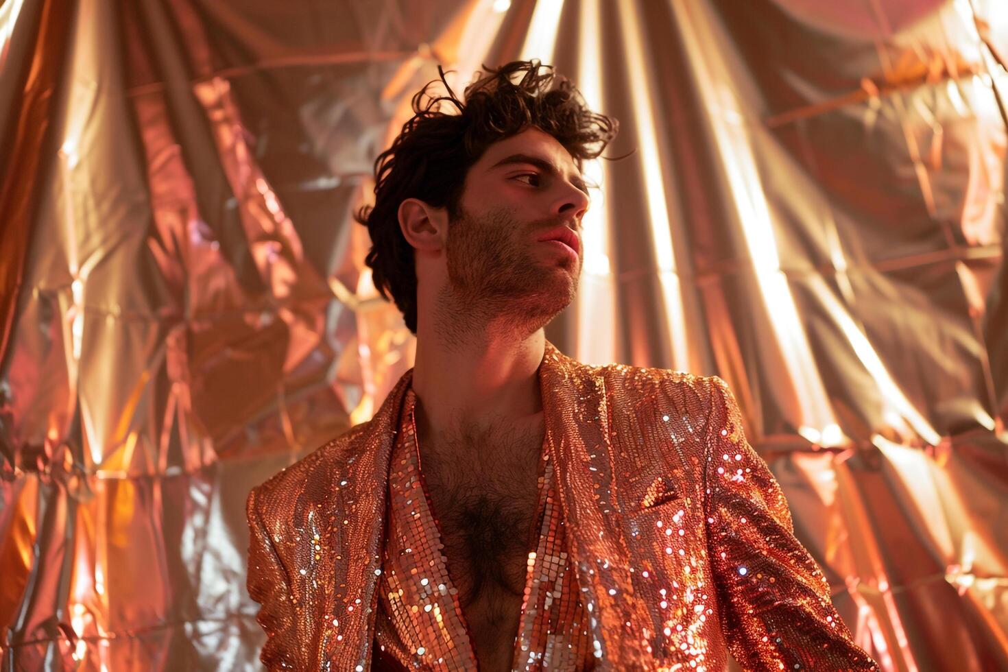 Chic male fashion model in Sequined Jacket with Rose Gold background showcasing a glamorous lifestyle portrait of modern Males fashion photo