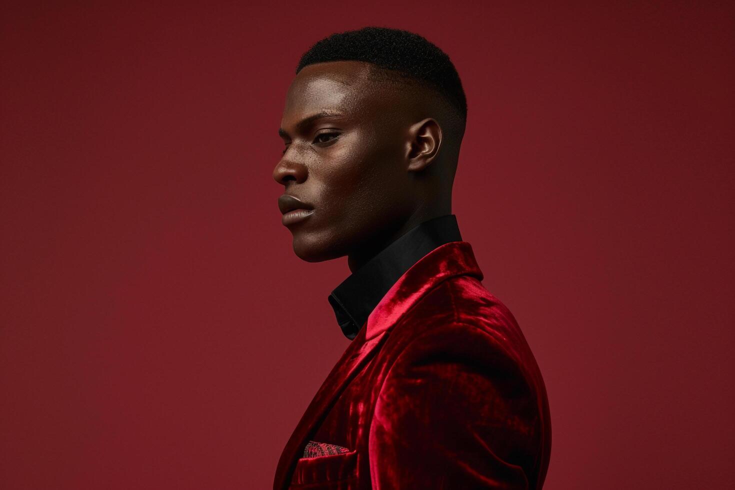 Glamorous male fashion model in Velvet Blazer with Rich Burgundy background presenting a stylish lifestyle portrait of high fashion Males fashion photo