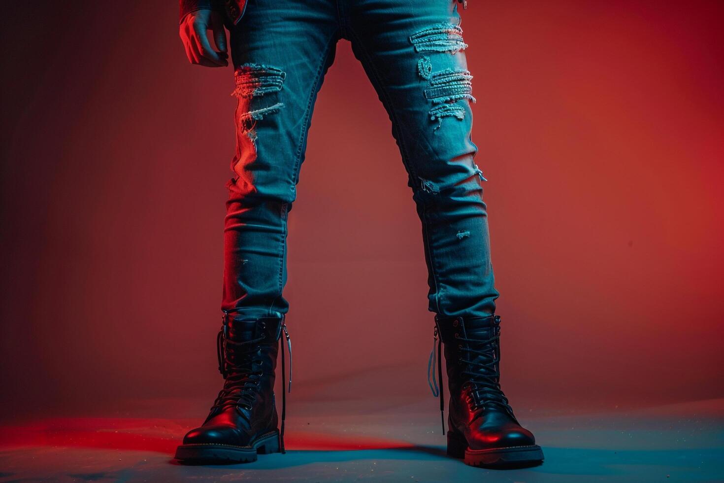 Trendy male model in Casual Jeans and leather Boots with Deep Chocolate background featuring a refined lifestyle portrait of modern Males attire photo