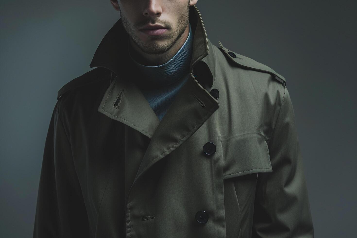 Stylish male fashion model in Trench Coat with Steel Grey background presenting a chic lifestyle portrait of contemporary Males fashion photo