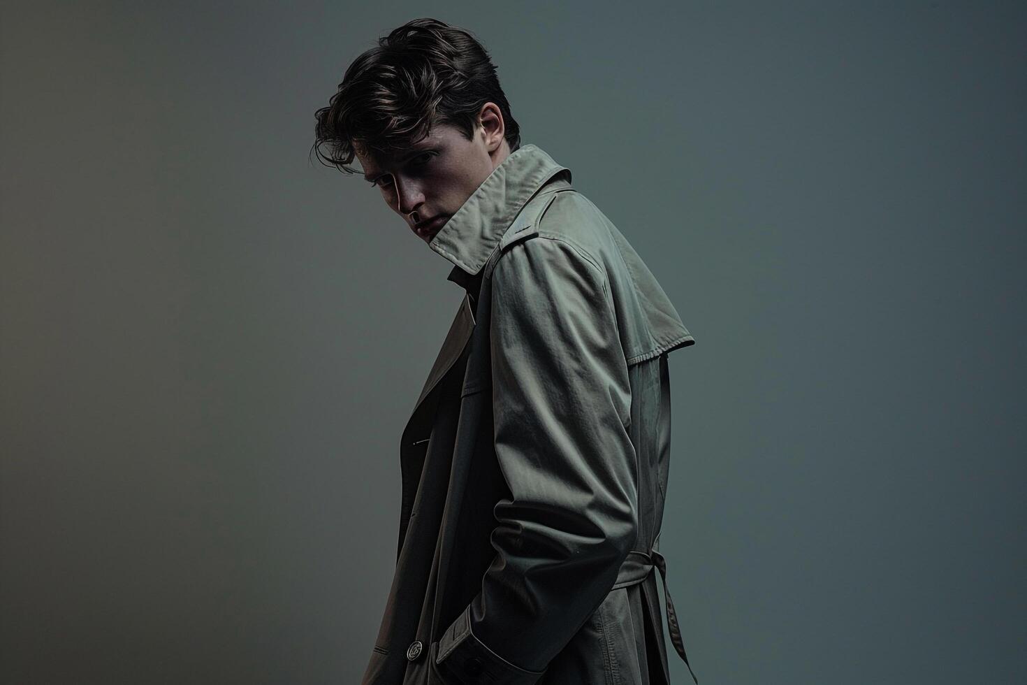 Trendy male fashion model in a sleek trench coat with a steel grey background showcasing stylish Males portrait fashion and modern lifestyle photo