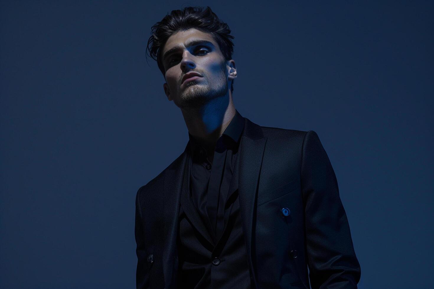 dark suit with hidden details set against a Males lifestyle background highlighting sophisticated portrait fashion photo