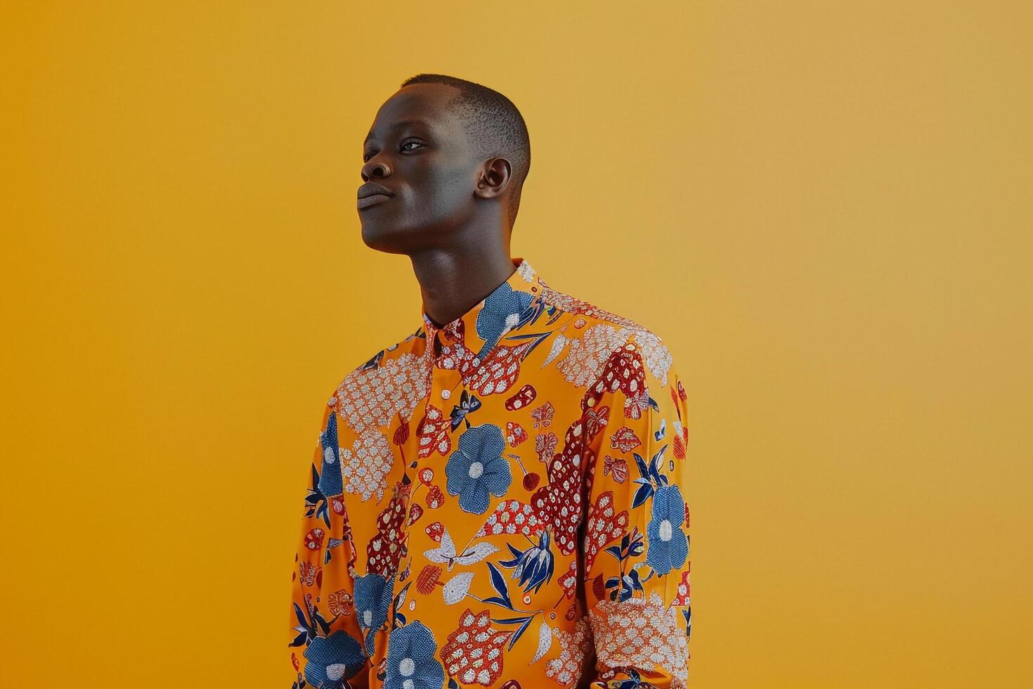 Trendy male model in a playful casual outfit with patterns and a yellow background highlighting modern Males portrait fashion and lifestyle photo