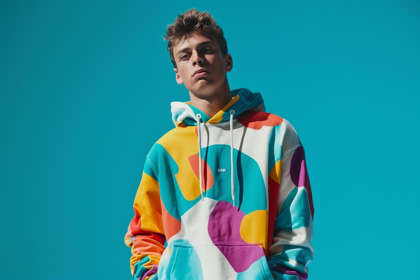 Stylish male fashion model in a hoodie with graphics and a bright turquoise backdrop representing modern Males portrait fashion and casual lifestyle photo