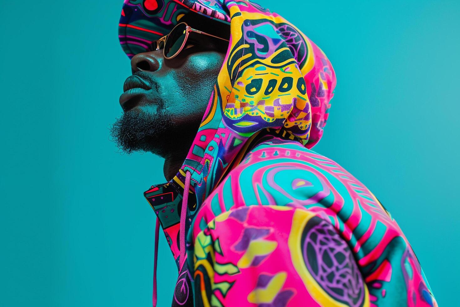 Trendy male fashion model in a hoodie with graphics and a bright turquoise background emphasizing casual Males portrait fashion and modern lifestyle photo