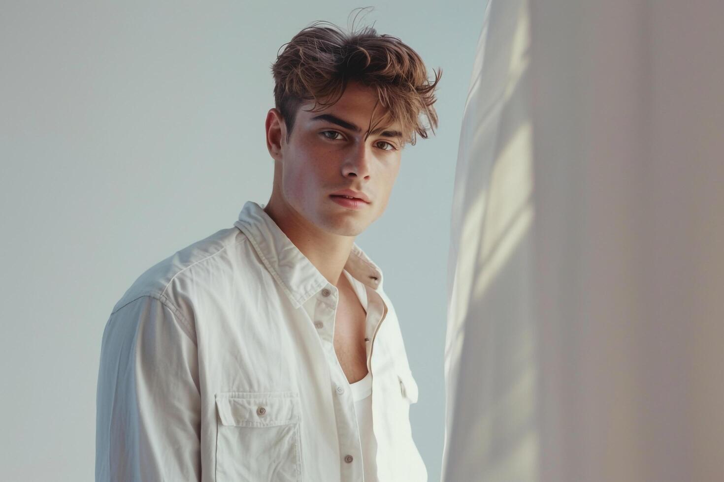 Trendy male fashion model in a casual button down shirt with a soft cream backdrop emphasizing modern Males portrait fashion and stylish lifestyle photo