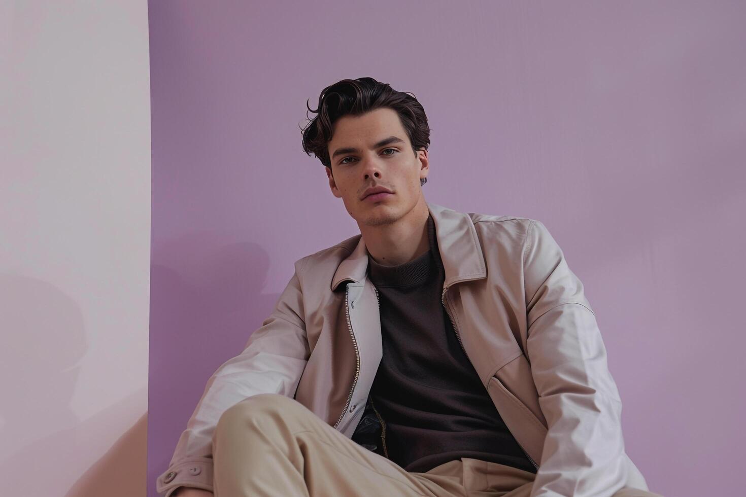 Stylish Male in Lightweight Casual Jacket with Soft Lilac Lifestyle Background for elegant portrait photo