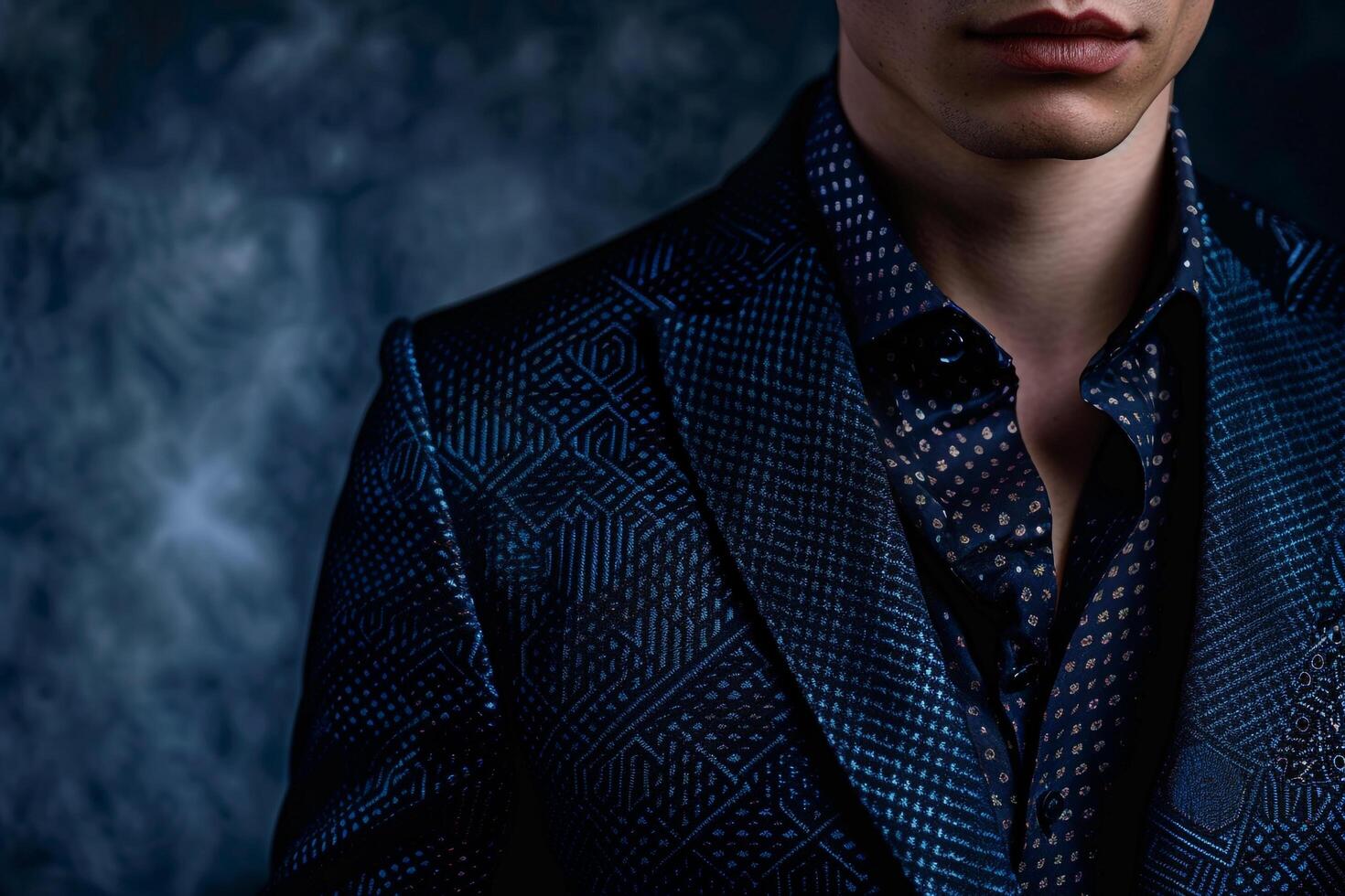 Trendy Male Fashion Model in Fitted Blazer with patterned Shirt and Slate Blue Background for Stylish Look photo