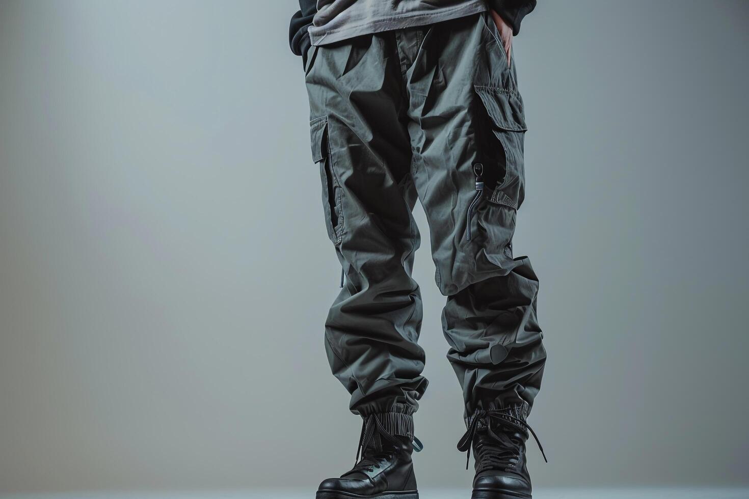 Stylish Male Fashion Model in Urban Wear with Cargo pants and Gray Background for Contemporary portrait photo