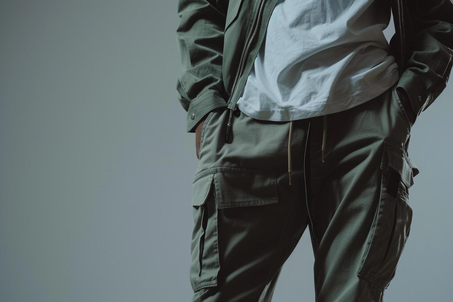 Stylish Male Fashion Model in Urban Wear with Cargo pants and Gray Background for Contemporary Look photo