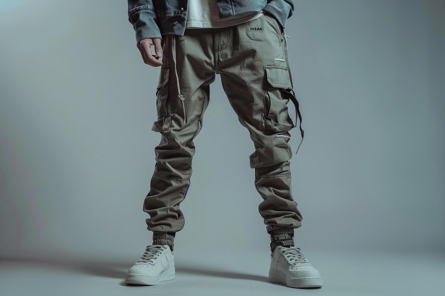 Fashionable Male in Urban Wear with Cargo pants and Gray Background for Modern Lifestyle photo