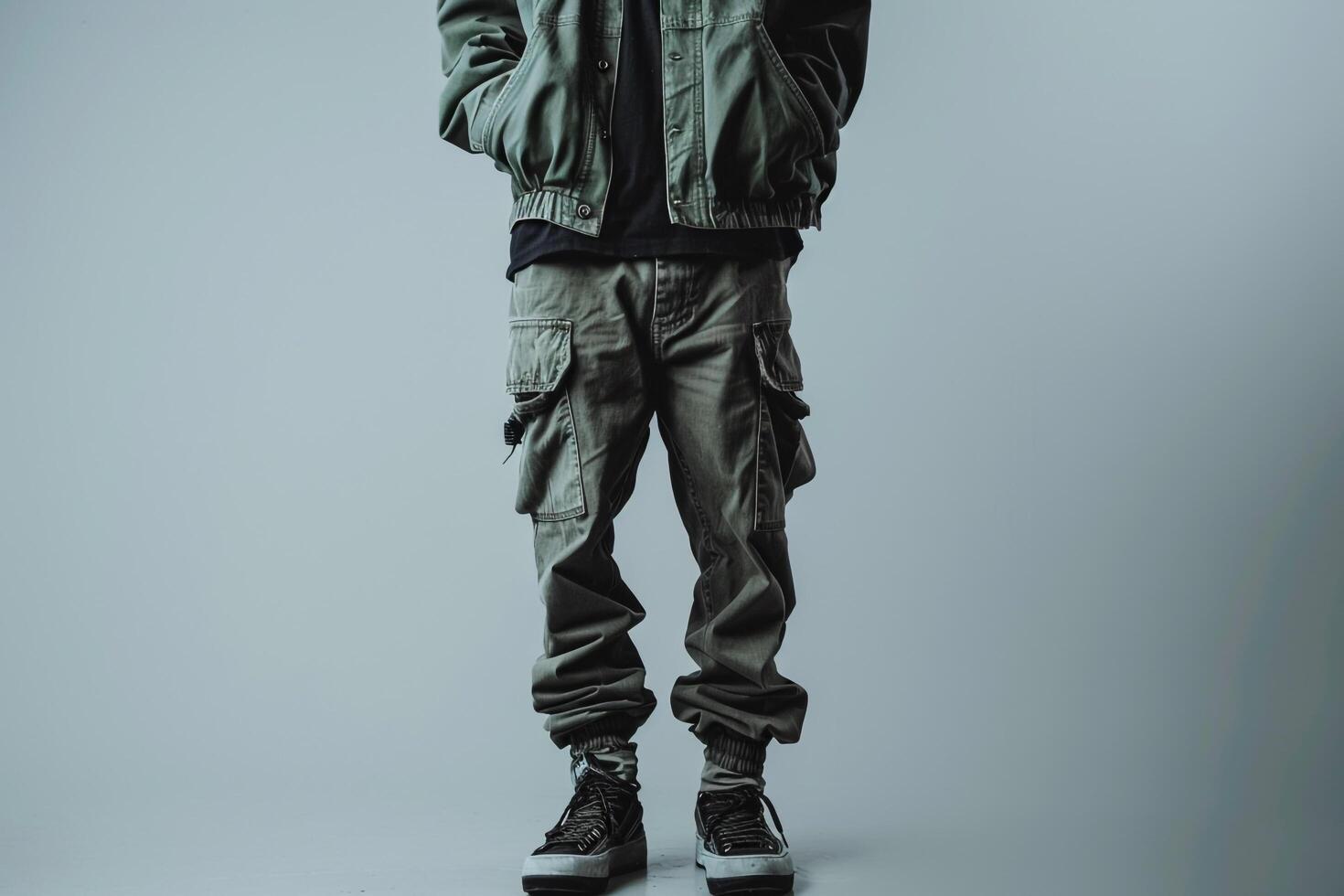 Trendy Male in Urban Wear with Cargo pants and Gray Background for Stylish Lifestyle portrait photo