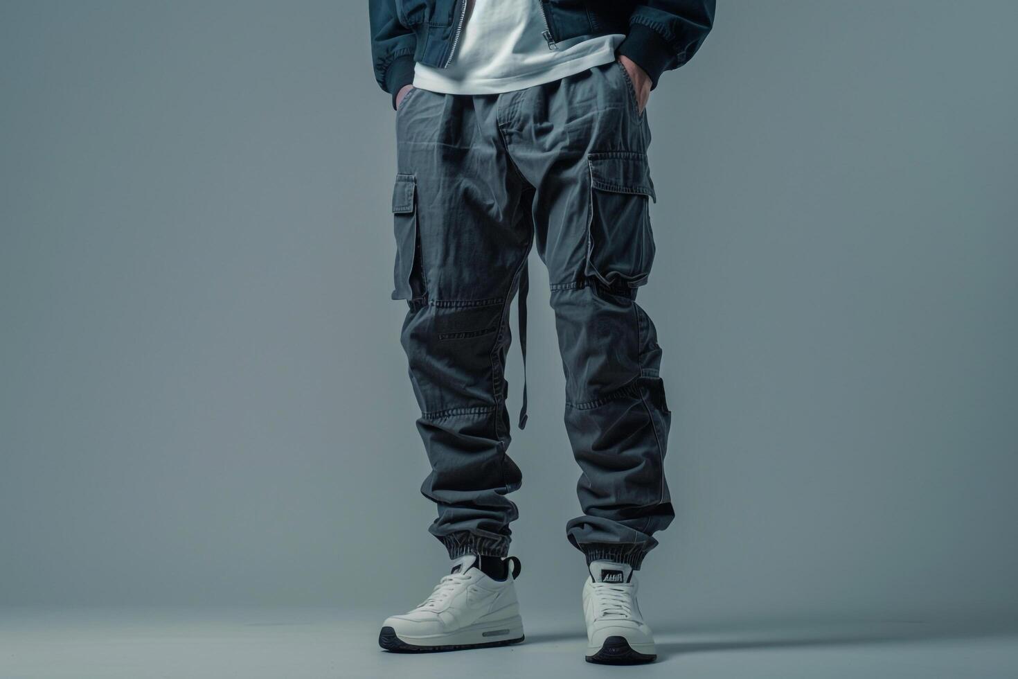 Trendy Male in Urban Wear with Cargo pants and Gray Background for Modern Lifestyle portrait photo