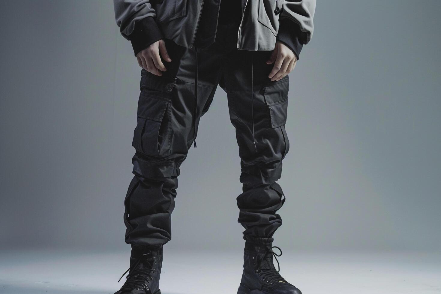 elegant Male in Urban Wear with Cargo pants and Gray Background for Trendy Fashion portrait photo