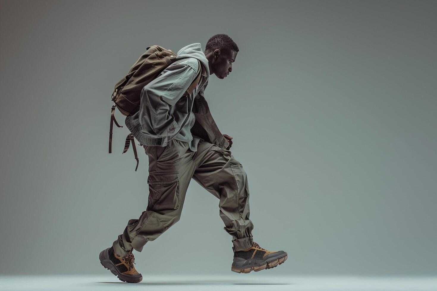 Fashionable Male in Urban Wear with Cargo pants and Gray Background for Contemporary Lifestyle Shot photo
