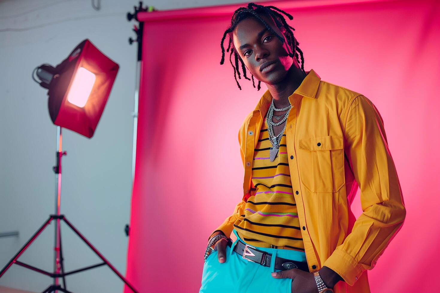 elegant Male in Brightly Appareled Outfit with Neon pink Background for Stylish Lifestyle portrait photo