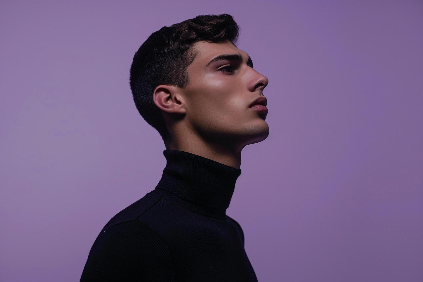 Trendy Male in Turtleneck with Soft Lavender Background for Modern Fashion photo