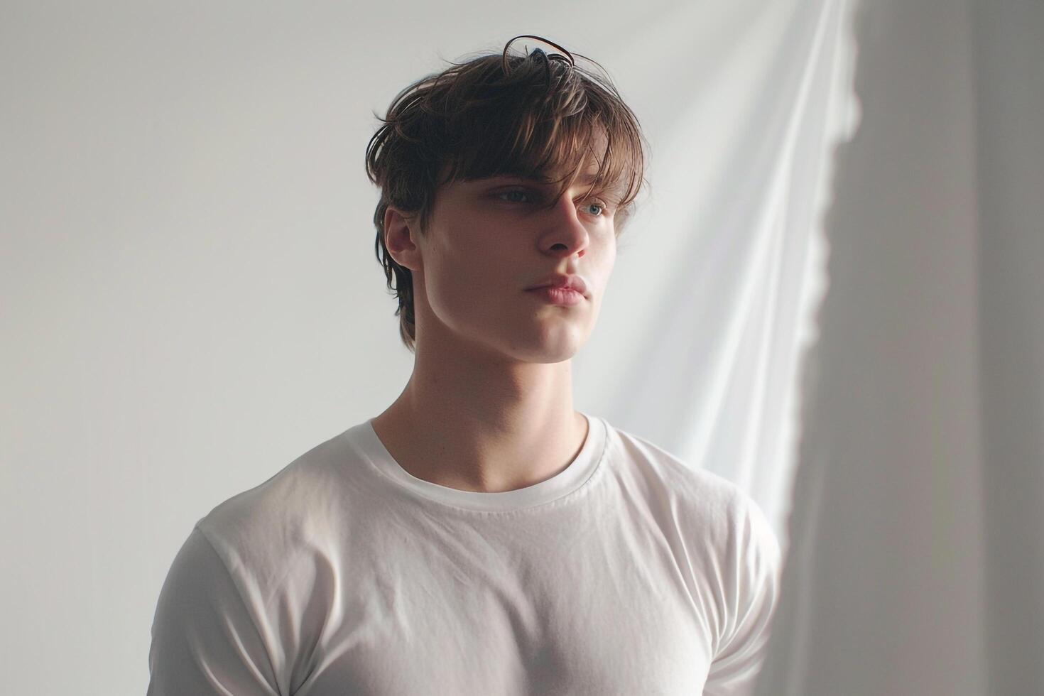 Trendy Male Fashion Model in White IST Tee with Soft Background for Modern Look photo