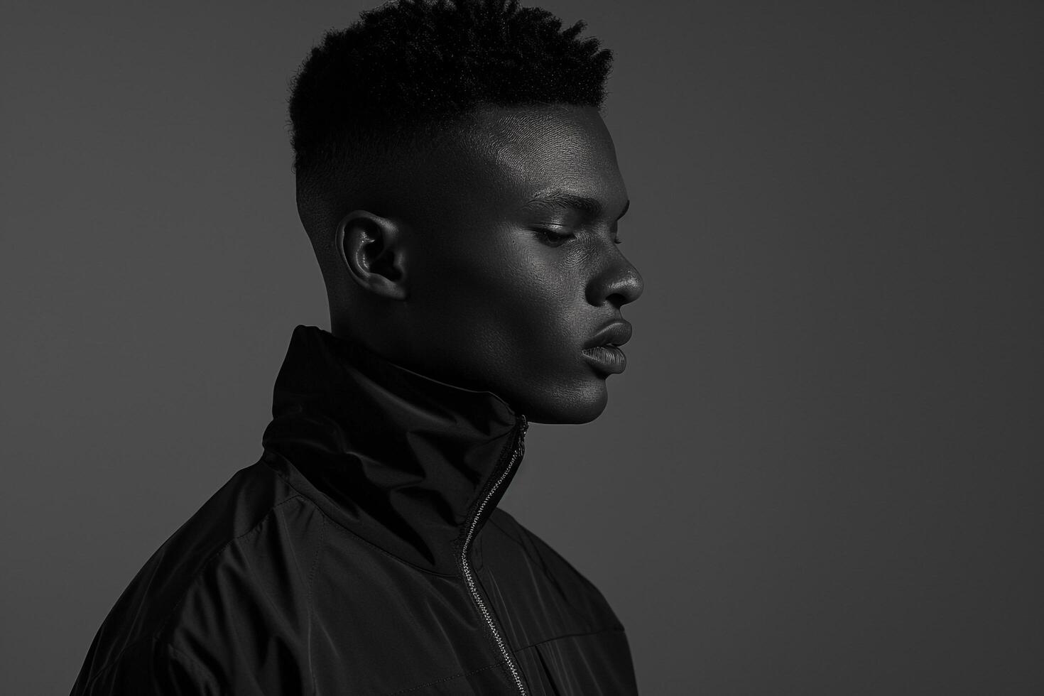 Trendy Male Fashion Model in Zip Up Jacket with Light Charcoal Background for Contemporary portrait photo